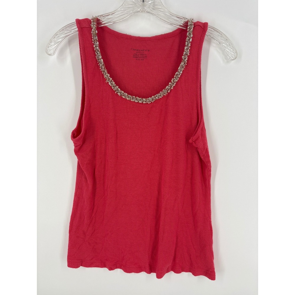 Charter Club Petite Pink Ribbed Tank Top Beaded Sleeveless Casual Cute